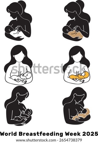 World Breastfeeding Week 2025: Vector Silhouette and Line Art Icon Set of a Mother Breastfeeding Her Baby