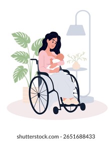 Semana Mundial da Amamentação. De 1 a 7 de agosto. Uma mãe em uma cadeira de rodas amamenta seu bebê, destacando a importância da inclusão, do empoderamento e do apoio para todas as mães. Ilustração vetorial em chiado plano