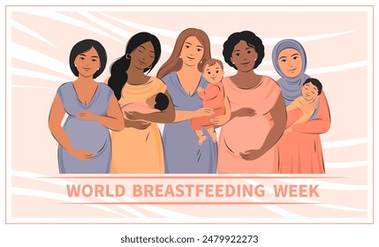 World Breastfeeding Week. Banner about pregnancy, breastfeeding and motherhood. Group of pregnant women and women with children. Vector illustration