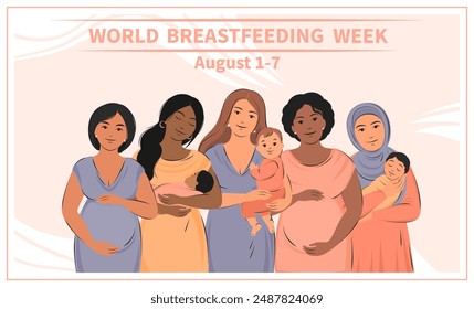 World Breastfeeding Week. Banner about pregnancy, breastfeeding and motherhood. Group of pregnant women and women with children. Vector illustration