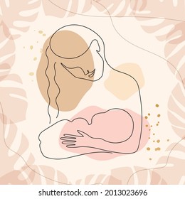 World Breastfeeding Week banner. Young woman and newborn baby. Mother holding child. Line art beige  concept, vector.
