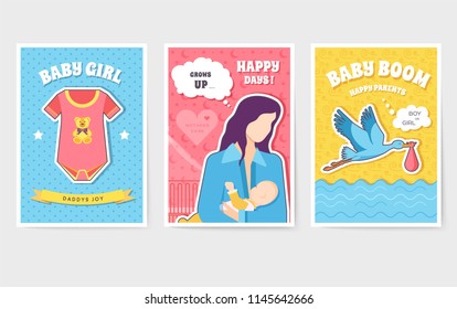 World breastfeeding week cards set. kids elements of flyear, magazines, posters, book cover, banners. Devices infographic concept background. Layout illustrations template pages 