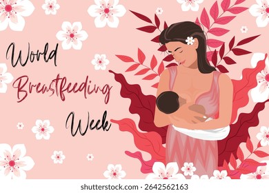 World Breastfeeding Week Illustration with Mother and Baby, Illustration of Mother Breastfeeding Baby with Floral Background for World Breastfeeding Week Awareness Campaign.


