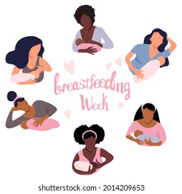 World breastfeeding week illustration.Young women different ethnicities with childs. Lactation concept in various positions.Mom holds her baby. Love and maternity.Hand drawn banner.Newborn eats milk. 