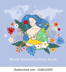 World breastfeeding week. Newborn baby sucking milk from mothers breast. Portrait of mom and breastfeeding baby. Natural process of female and newborn flat style. International holiday concept