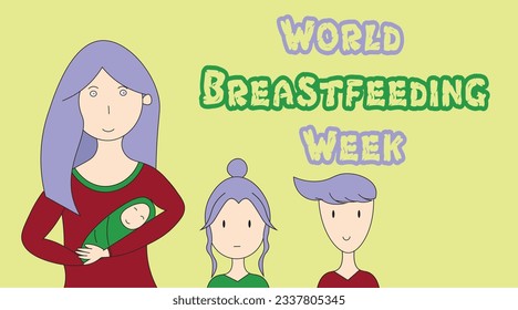 world breastfeeding week poster with green background with mom and her kids icon