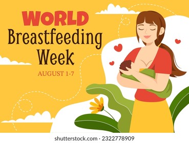 World Breastfeeding Week Vector Illustration of Feeding of Babies with Milk from a Womans Breast in Flat Cartoon Hand Drawn Templates