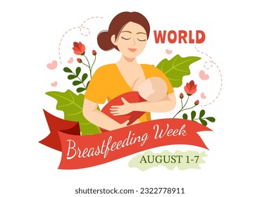 World Breastfeeding Week Vector Illustration of Feeding of Babies with Milk from a Womans Breast in Flat Cartoon Hand Drawn Templates