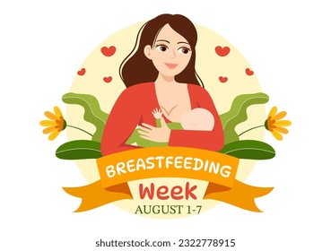 Vector de la Semana Mundial de la Lactancia Ilustración de la alimentación de bebés con leche de una mujer que da de mamar con dibujos a mano de dibujos planos
