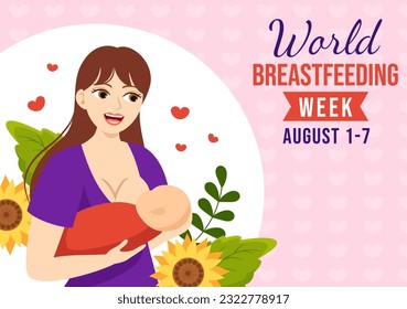 World Breastfeeding Week Vector Illustration of Feeding of Babies with Milk from a Womans Breast in Flat Cartoon Hand Drawn Templates
