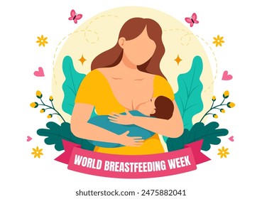 Ilustración vectorial de la Semana Mundial de la Lactancia Materna, representación de la alimentación del bebé con leche materna en diseño plano del fondo de la historieta del estilo