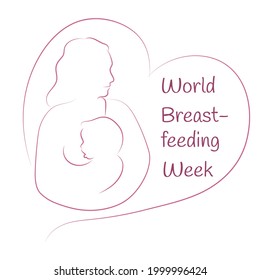 World Breastfeeding Week. Breastfeeding woman symbol. Mother breastfeeding her baby. Lactation. Line art.  Isolated vector illustration
