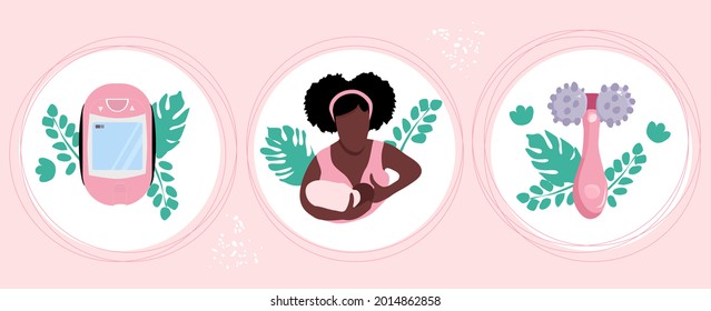 World Breastfeeding week.Lactation accessories set.Young afro American woman with child.
Massager and electronic pumping device. Nursing products in hand drawn style.Nutrition and baby care, maternity