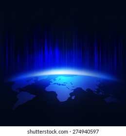 world in the bright rays of blue light, Vector illustration