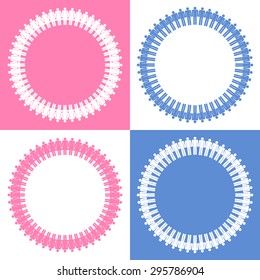 World brotherhood symbol. Blue and pink people hold hands in a ring around planet earth. Community of human joined in circle around globe, vector art image illustration, isolated on white background