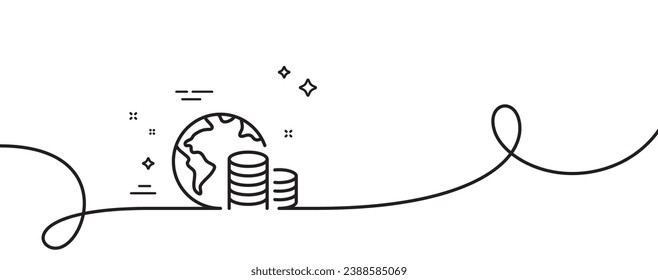 World budget line icon. Continuous one line with curl. Internet financial trade sign. Global economy symbol. Budget single outline ribbon. Loop curve pattern. Vector