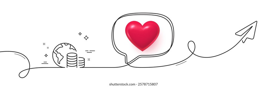 World budget line icon. Continuous line with share plane. Internet financial trade sign. Global economy symbol. 3d heart in speech bubble. Budget single line ribbon. Loop curve pattern. Vector