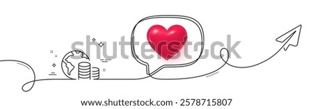 World budget line icon. Continuous line with share plane. Internet financial trade sign. Global economy symbol. 3d heart in speech bubble. Budget single line ribbon. Loop curve pattern. Vector