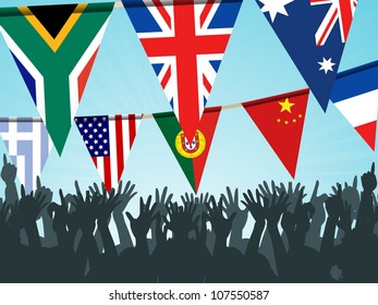 World bunting flags and crowd