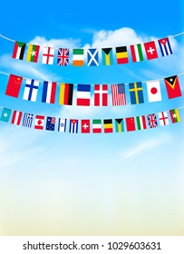 World bunting flags on blue sky. Vector illustration