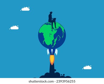 World business. Businessman working on rocket earth