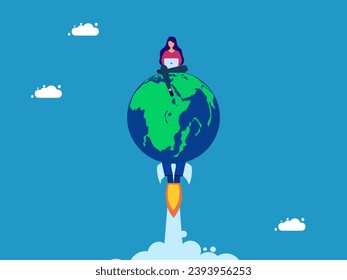 World business grows. woman working on rocket earth