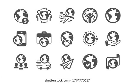 World business icons set. Translate language, Global law, Outsource business. International organization, financial transactions, world map icons. Delivery service, global outsource. Vector