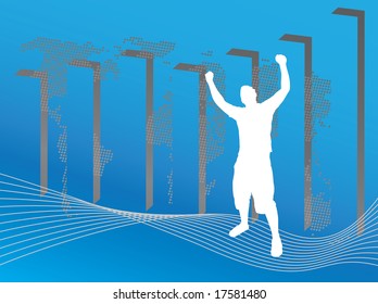 A world business illustration with a profit chart and a silhouette of a man posing victoriously.  This vector image is fully customizable.