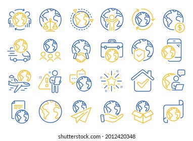 World business line icons. Global law, translate language, Outsource business. International organization, financial transactions, world map icons. Delivery service, global outsource. Vector