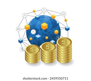 World business network infographics flat isometric 3d illustration