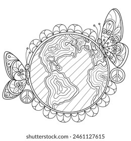 World and butterfly hand drawn for adult coloring book