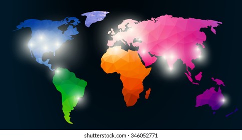 World by night low poly vector. Places on earth where the lights go on at night.