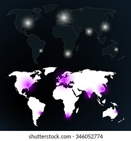 World by night vector. Places on earth where the lights go on at night.