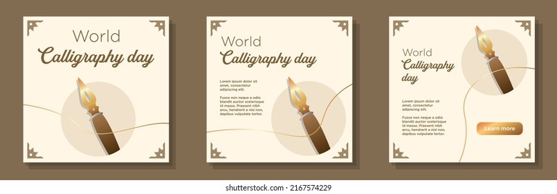 World calligraphy day social media post, banner set, writing pencil celebration advertisement concept, classic art pen style marketing square ad, abstract print, isolated on background.