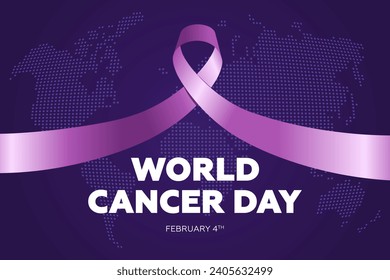 World cancer awareness day banner design concept. Purple ribbon on world map for February 4th stop cancer campaign symbol. Attention to healthcare background. Vector eps print