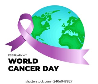 World cancer awareness day banner design concept. Purple ribbon on world map for February 4th stop cancer campaign symbol. Oncology prevention, detection and treatment. Vector eps print