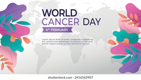 World cancer awareness day banner design concept. Purple ribbon on world map for February 4th stop cancer campaign symbol. Attention to healthcare background.