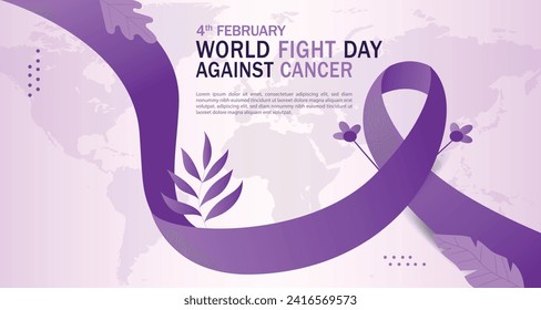 World cancer awareness day banner design concept. Purple ribbon on world map for February 4th stop cancer campaign symbol. Attention to healthcare background.