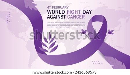 World cancer awareness day banner design concept. Purple ribbon on world map for February 4th stop cancer campaign symbol. Attention to healthcare background.