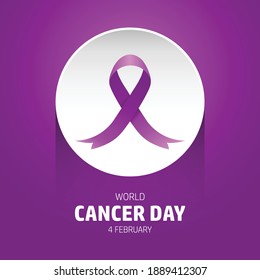 Concepto del Día Mundial del Cáncer. Cinta morada para todo el cáncer. 4 de febrero para el día del cáncer. Cinta púrpura en círculo blanco.