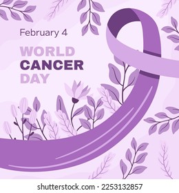 World Cancer Awareness Day February 4th. Lilac or purple ribbon symbol of cancer with flower and leaves. Stop cancer campaign Health care square template for social media or website