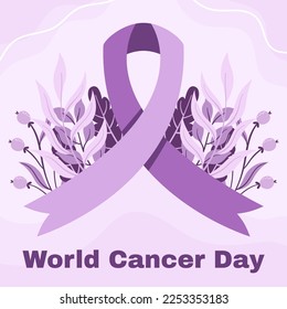 World Cancer Awareness Day February 4th. Lilac or purple ribbon symbol of cancer with botanical elements. Stop cancer campaign Health care square template for social media or website
