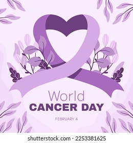 World Cancer Awareness Day February 4th. Lilac or purple ribbon symbol of cancer with flower around. Stop cancer campaign Health care square template for social media or website