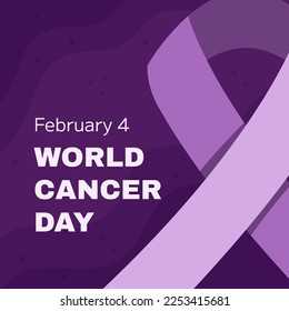 World Cancer Awareness Day February 4th. Lilac or purple ribbon symbol of cancer on dark background. Stop cancer campaign Health care square template for social media or website