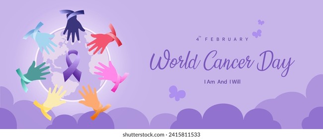 World Cancer Awareness Day February 4. Hands with Ribbons. Vector illustration design.