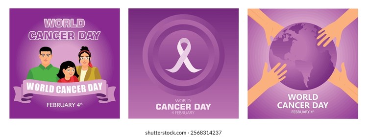 World Cancer Awareness Day, February 4.Cancer awareness ribbon in a circle. World Cancer Awareness Day campaign. World Cancer Day concept. Set flat vector illustration.