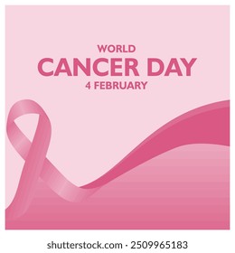 Día Mundial de Concienciación sobre el Cáncer con una cinta rosa. Se celebra cada 4 de febrero. Concepto del Día Mundial contra el Cáncer. Ilustración vectorial plana.