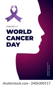 World cancer awareness day poster design concept. Purple ribbon with inscription and woman profile for February 4th stop cancer campaign. Oncology prevention, detection and treatment. Vector placard