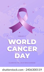 World cancer awareness day poster design concept. Purple ribbon for February 4th stop cancer campaign symbol. Vector eps placard