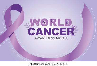 World Cancer Awareness Month. Campaign Banner, Poster with purple ribbon and text in purple background.